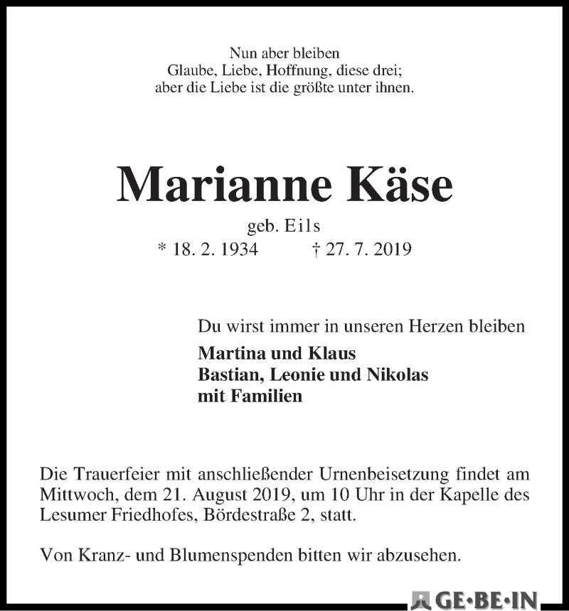 Traueranzeige von Marianne Käse von WESER-KURIER