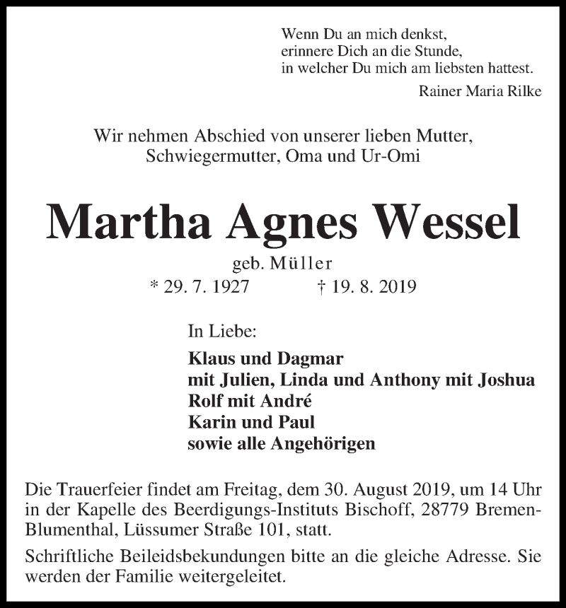 Traueranzeige von Martha Agnes Wessel von Die Norddeutsche