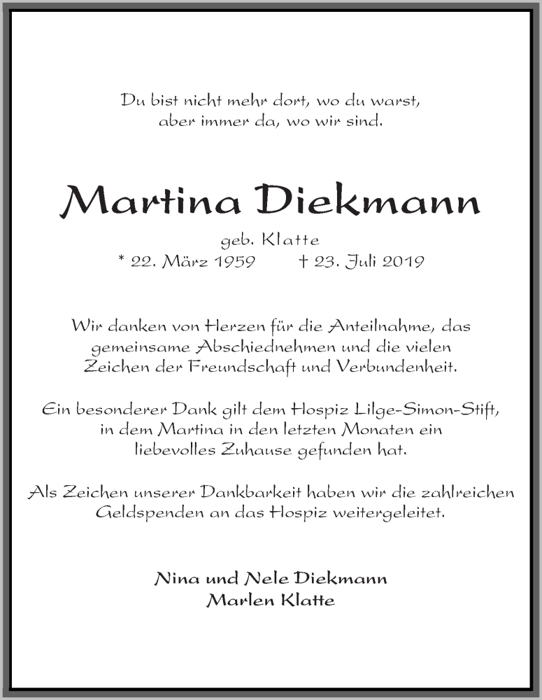 Traueranzeige von Martina Diekmann von WESER-KURIER