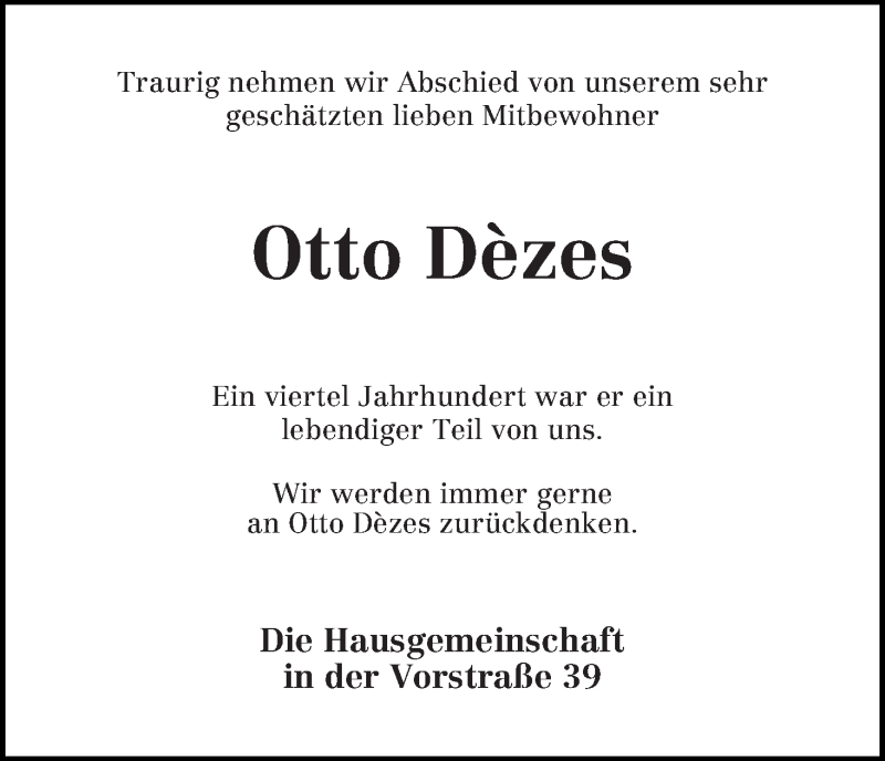 Traueranzeige von Otto Dèzes von WESER-KURIER