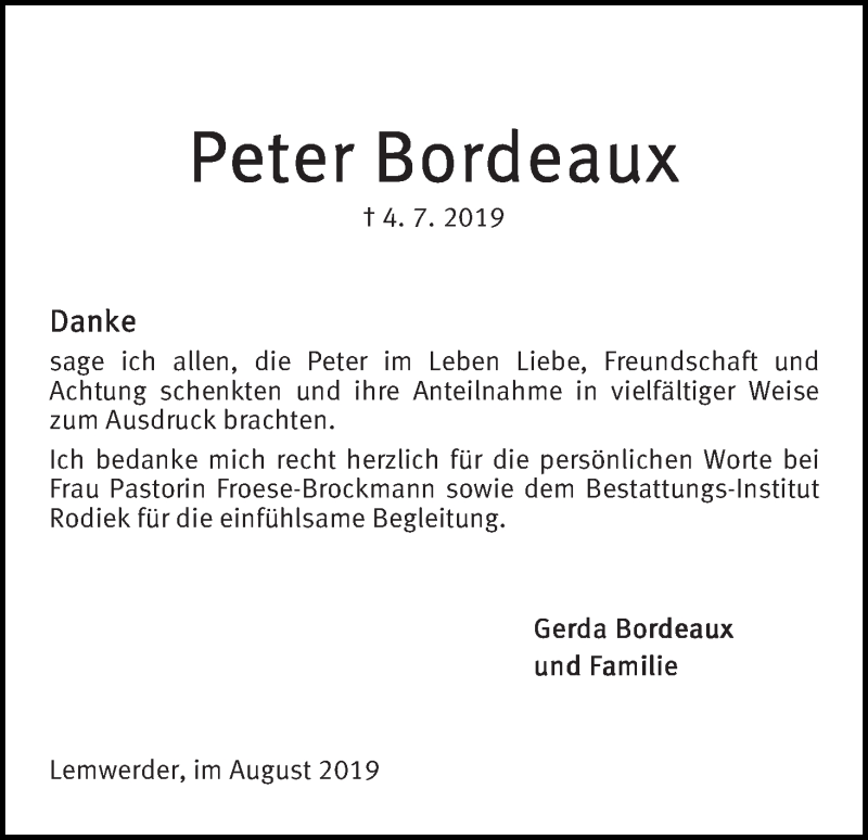 Traueranzeige von Peter Bordeaux von Die Norddeutsche