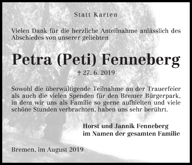 Traueranzeige von Petra (Peti) Fenneberg von WESER-KURIER