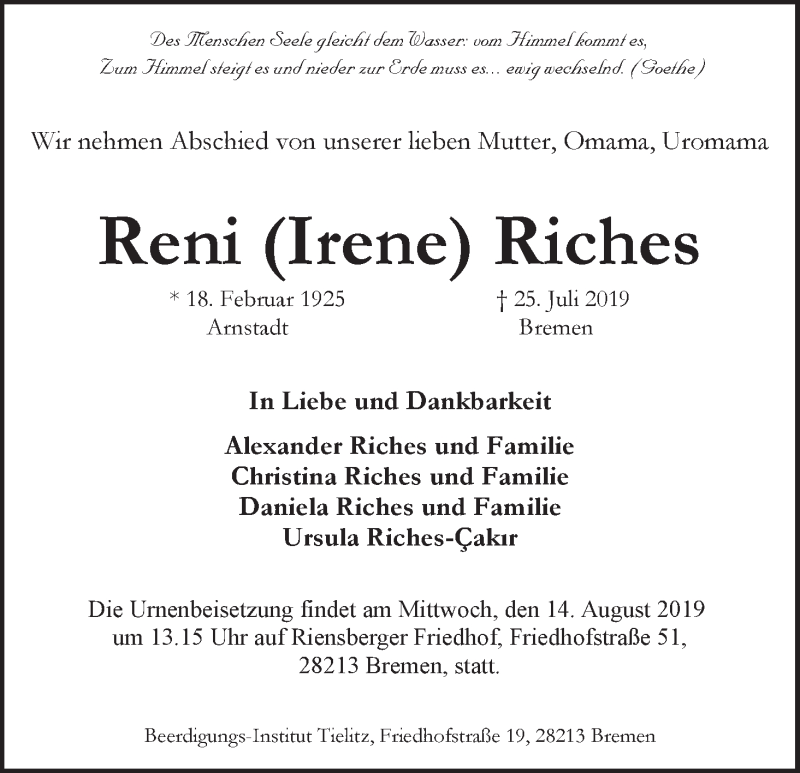 Traueranzeige von Reni (Irene) Riches von WESER-KURIER
