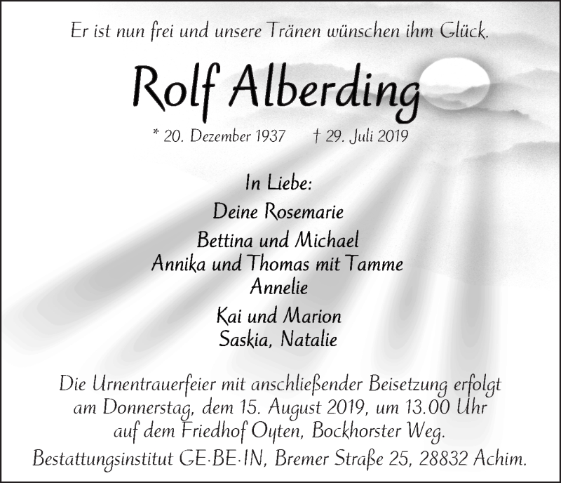 Traueranzeige von Rolf Alberding von Achimer Kurier/Verdener Nachrichten