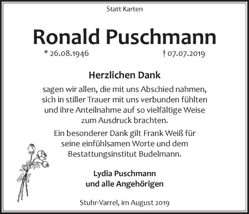 Traueranzeige von Ronald Puschmann von WESER-KURIER