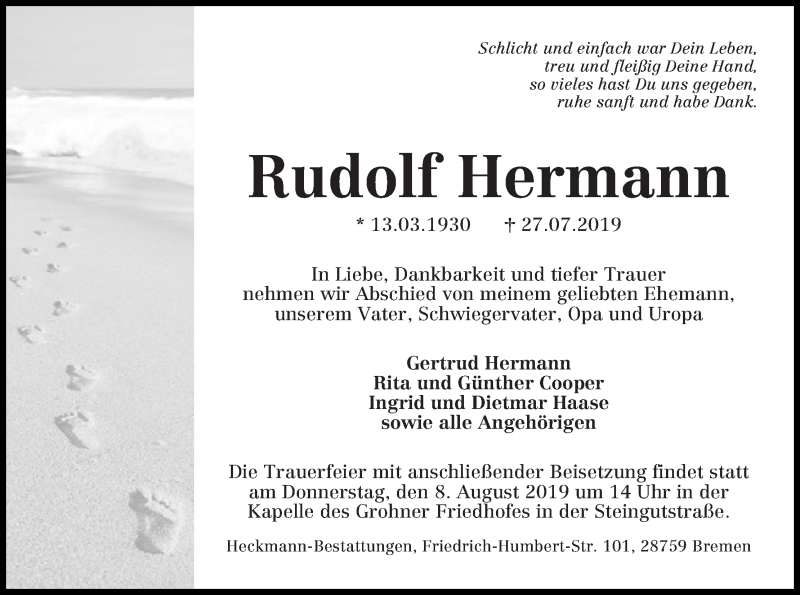 Traueranzeige von Rudolf Hermann von Die Norddeutsche