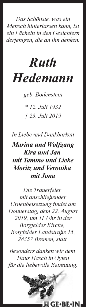 Traueranzeige von Ruth Hedemann von WESER-KURIER
