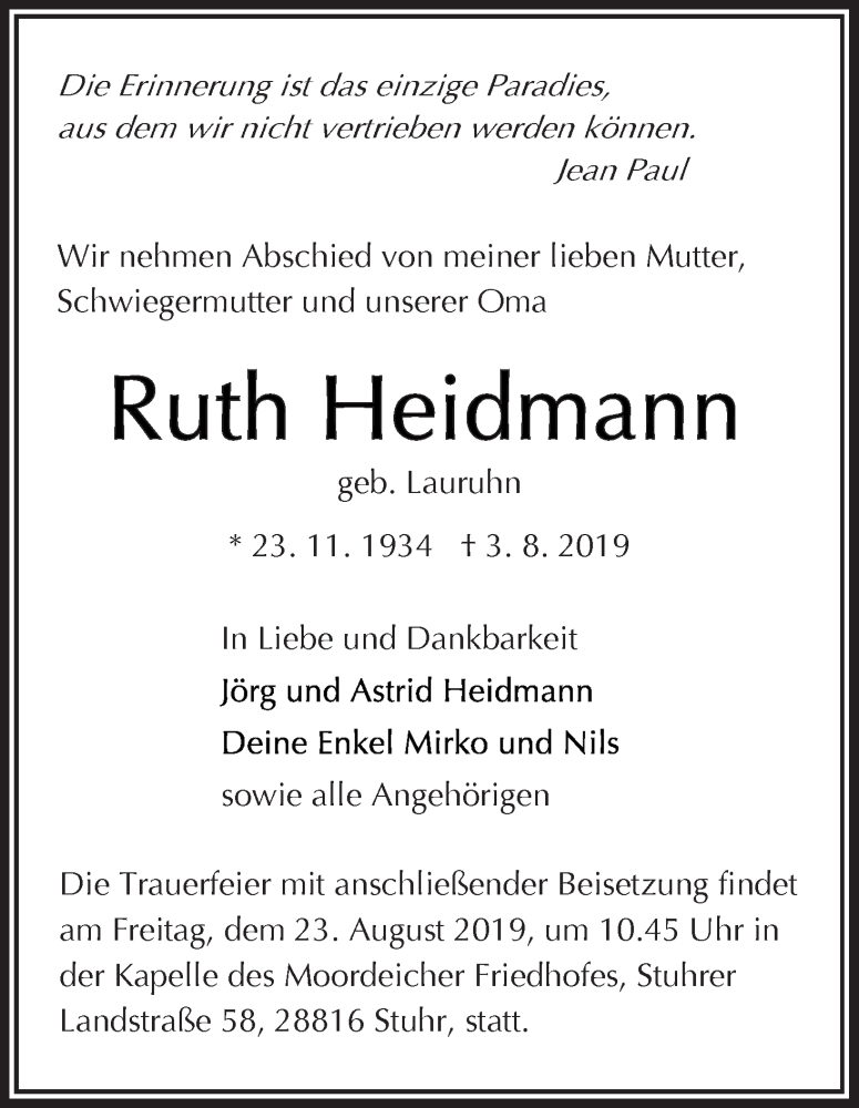 Traueranzeige von Ruth Heidmann von WESER-KURIER