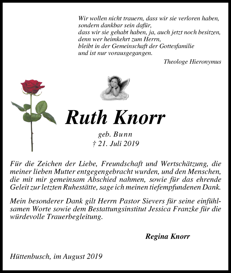 Traueranzeige von Ruth Knorr von Wuemme Zeitung