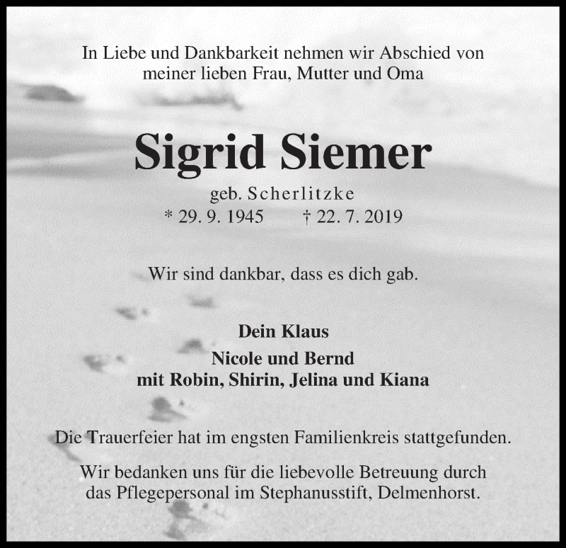 Traueranzeige von Sigrid Siemer von WESER-KURIER