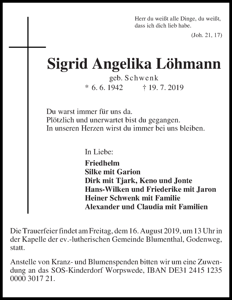 Traueranzeige von Sigrid Angelika Löhmann von Die Norddeutsche