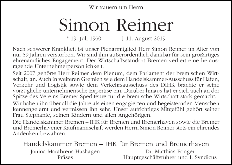 Traueranzeige von Simon Reimer von WESER-KURIER