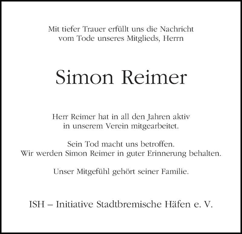 Traueranzeige von Simon Reimer von WESER-KURIER