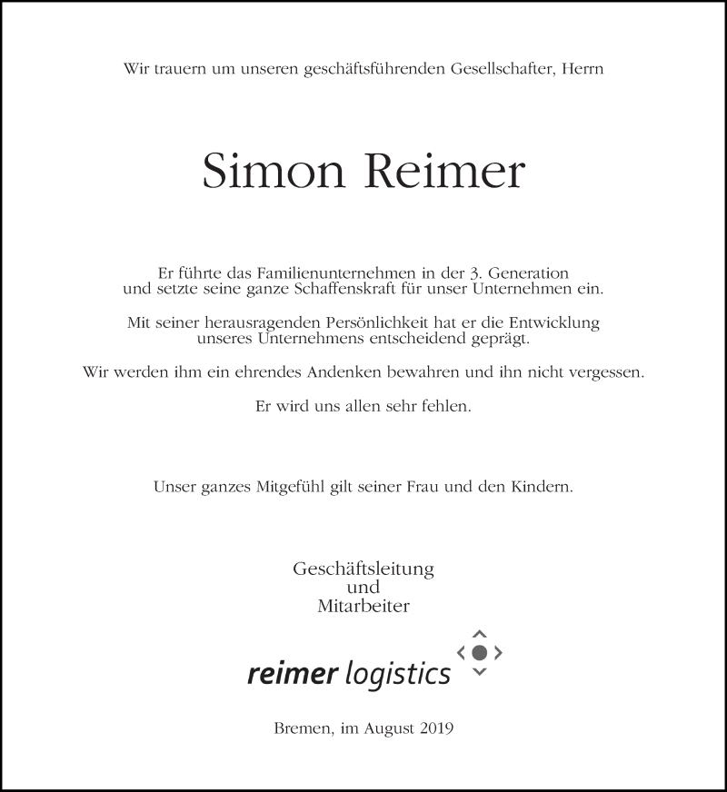 Traueranzeige von Simon Reimer von WESER-KURIER