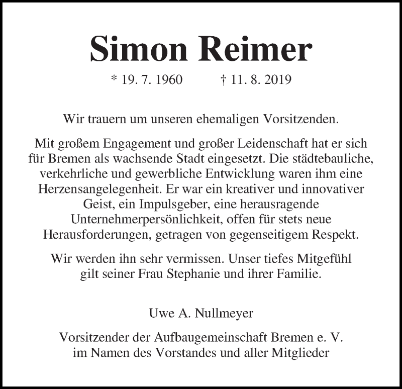 Traueranzeige von Simon Reimer von WESER-KURIER
