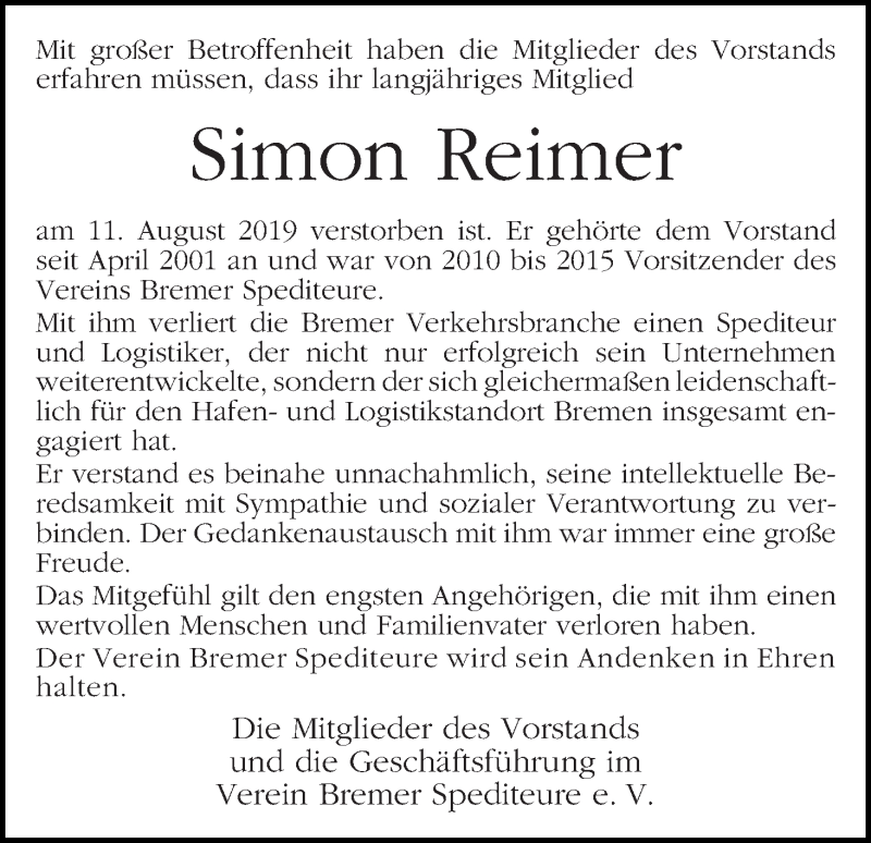 Traueranzeige von Simon Reimer von WESER-KURIER