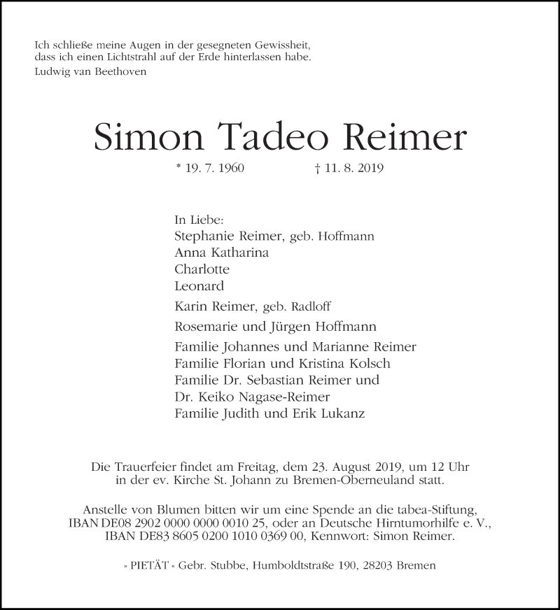 Traueranzeige von Simon Tadeo Reimer von WESER-KURIER