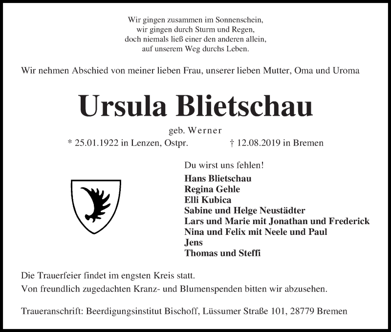 Traueranzeige von Ursula Blietschau von Die Norddeutsche