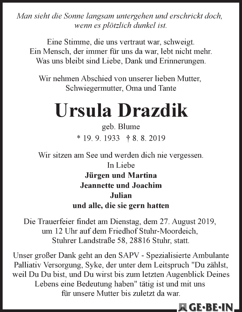 Traueranzeige von Ursula Drazdik von WESER-KURIER