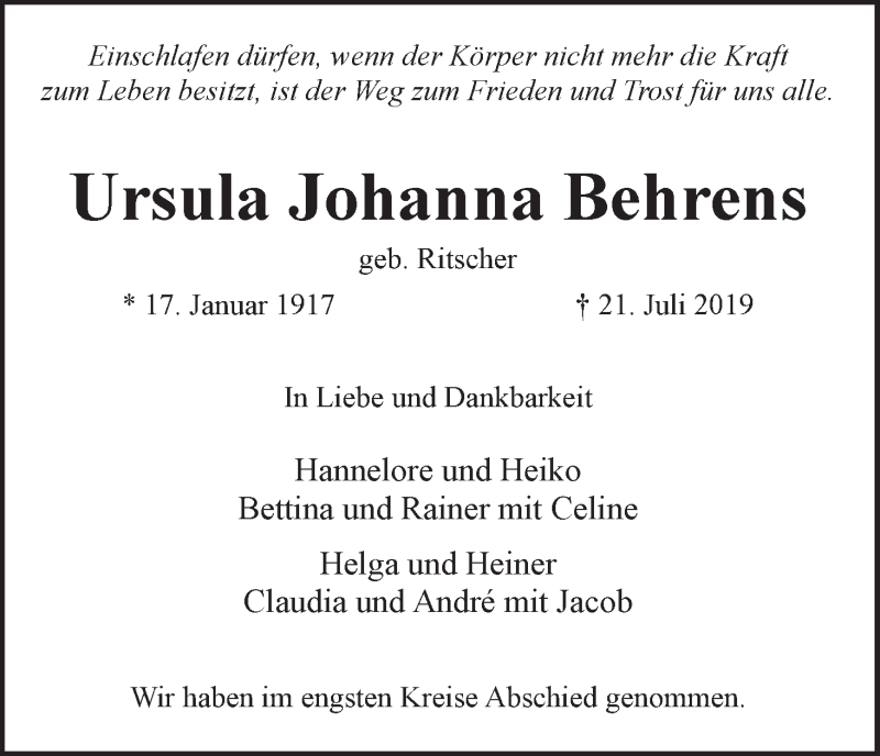 Traueranzeige von Ursula Johanna Behrens von WESER-KURIER