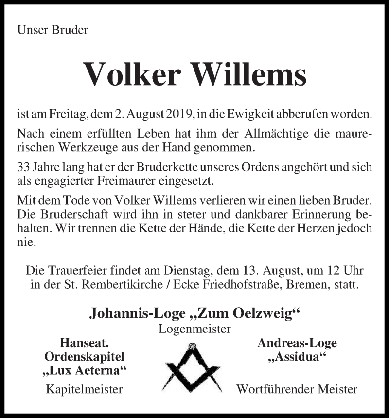 Traueranzeige von Volker Willems von WESER-KURIER