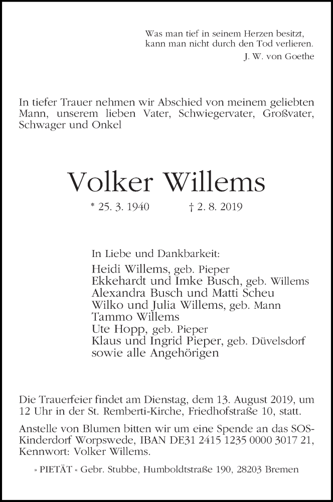 Traueranzeige von Volker Willems von WESER-KURIER