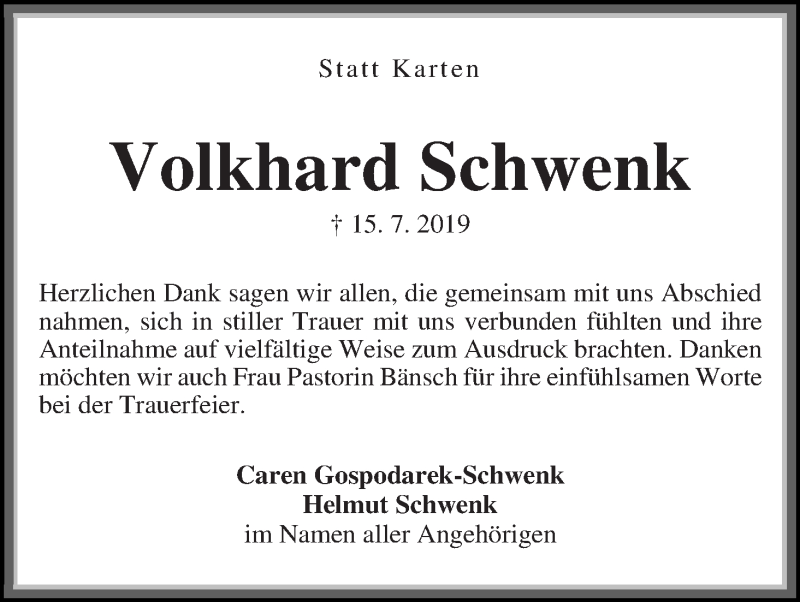 Traueranzeige von Volkhard Schwenk von Die Norddeutsche
