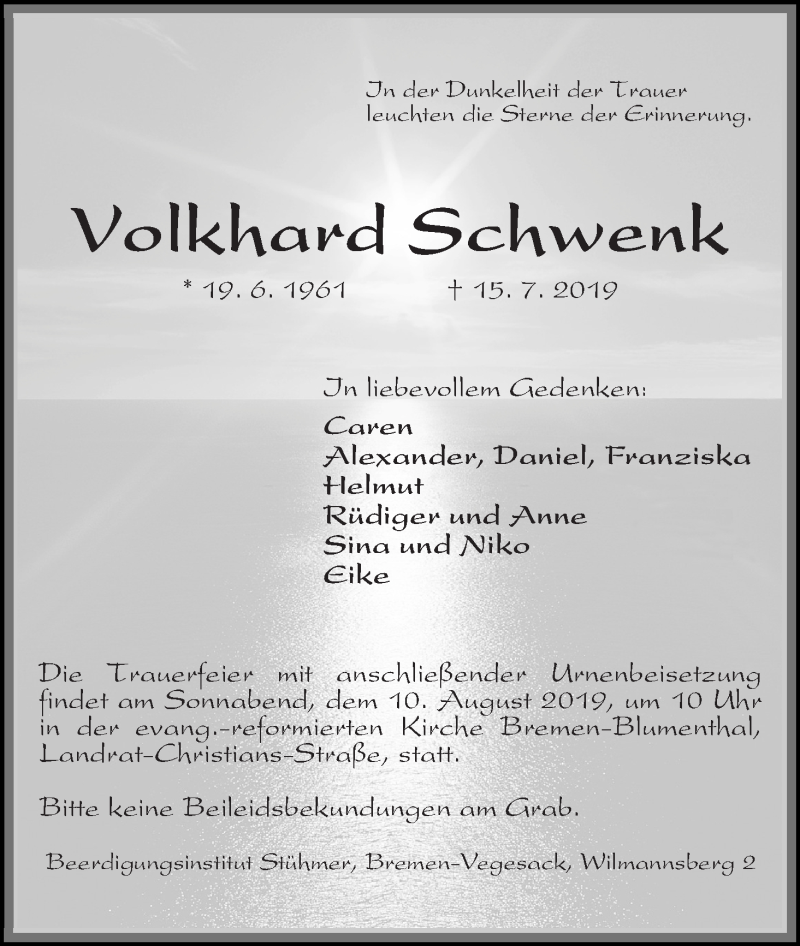 Traueranzeige von Volkhard Schwenk von Die Norddeutsche