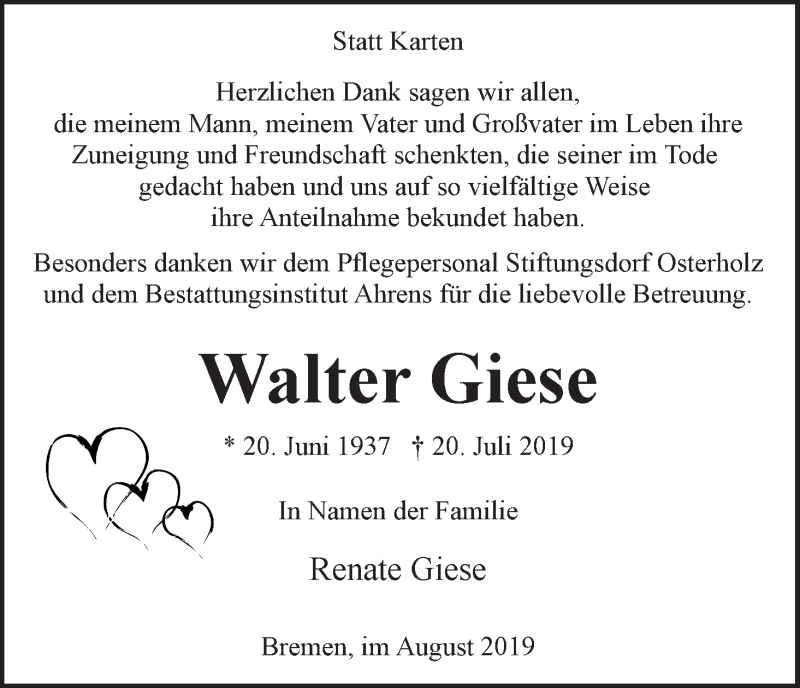 Traueranzeige von Walter Giese von WESER-KURIER