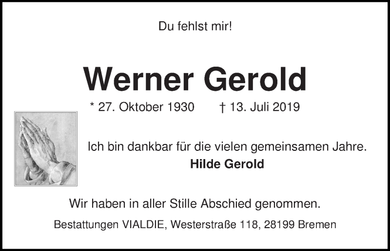 Traueranzeige von Werner Gerold von Wuemme Zeitung