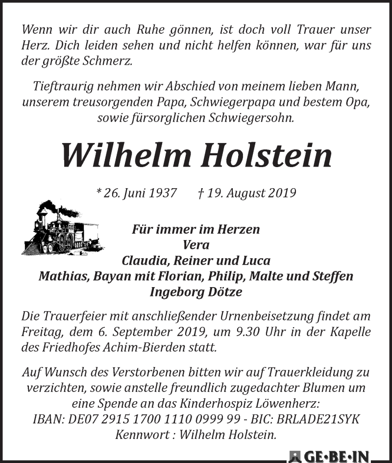 Traueranzeige von Wilhelm Holstein von WESER-KURIER
