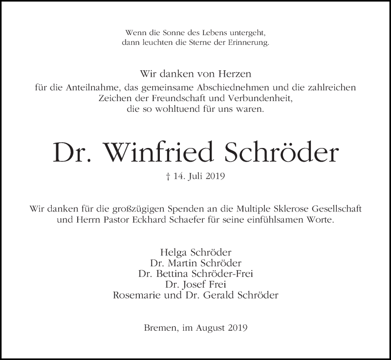 Traueranzeige von Winfried Schröder von WESER-KURIER
