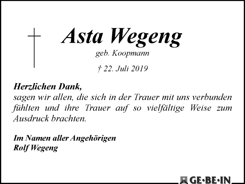 Traueranzeige von Asta Wegeng von WESER-KURIER