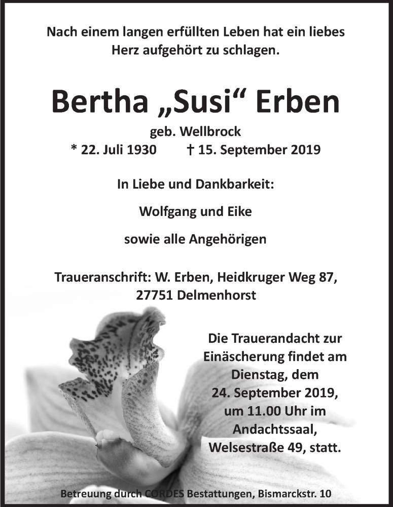 Traueranzeige von Bertha Erben von WESER-KURIER