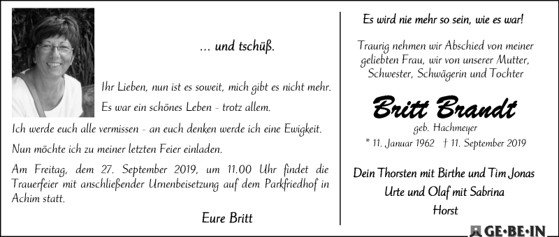 Traueranzeige von Britta Brandt von WESER-KURIER