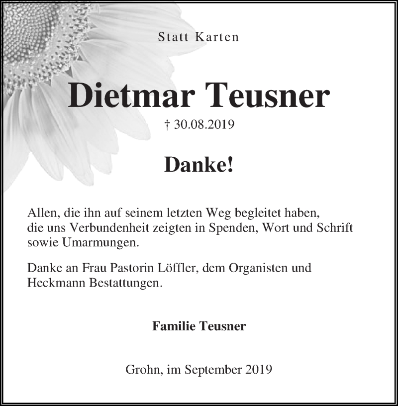 Traueranzeige von Dietmar Teusner von Die Norddeutsche