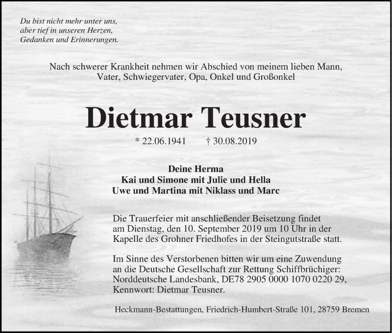 Traueranzeige von Dietmar Teusner von Die Norddeutsche