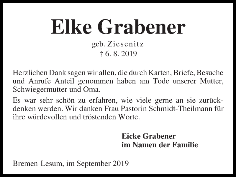 Traueranzeige von Elke Grabener von Die Norddeutsche
