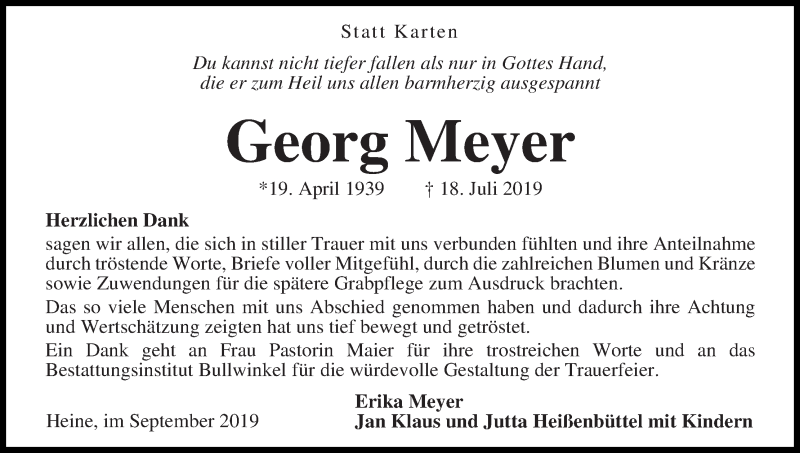 Traueranzeige von Georg Meyer von Osterholzer Kreisblatt