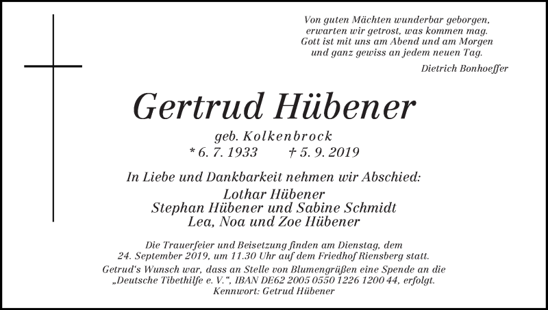 Traueranzeige von Gertrud Hübener von WESER-KURIER