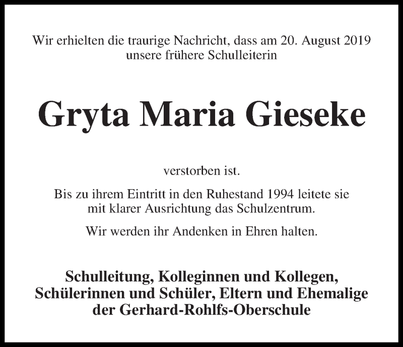 Traueranzeige von Gryta Maria Gieseke von Die Norddeutsche