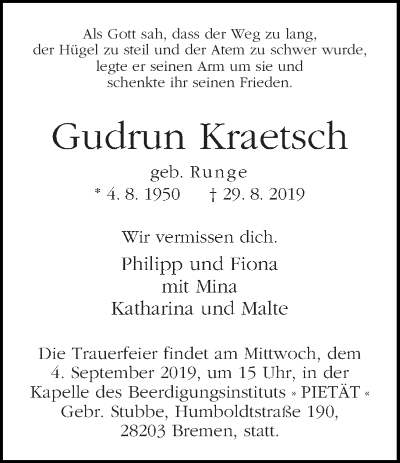 Traueranzeige von Gudrun Kraetsch von WESER-KURIER