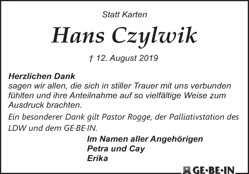 Traueranzeige von Hans Czylwik von WESER-KURIER