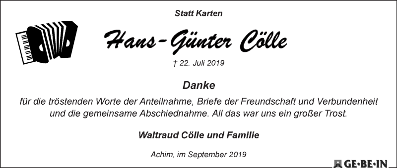 Traueranzeige von Hans-Günter Cölle von WESER-KURIER