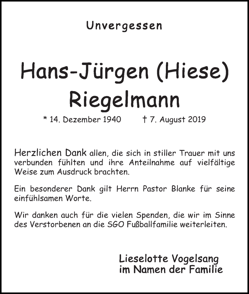 Traueranzeige von Hans-Jürgen (Hiese) Riegelmann von WESER-KURIER
