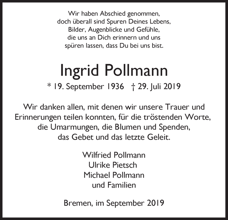 Traueranzeige von Ingrid Pollmann von WESER-KURIER