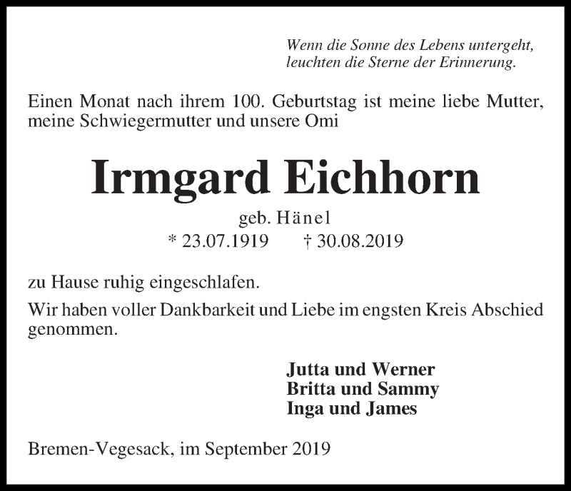 Traueranzeige von Irmgard Eichhorn von Die Norddeutsche