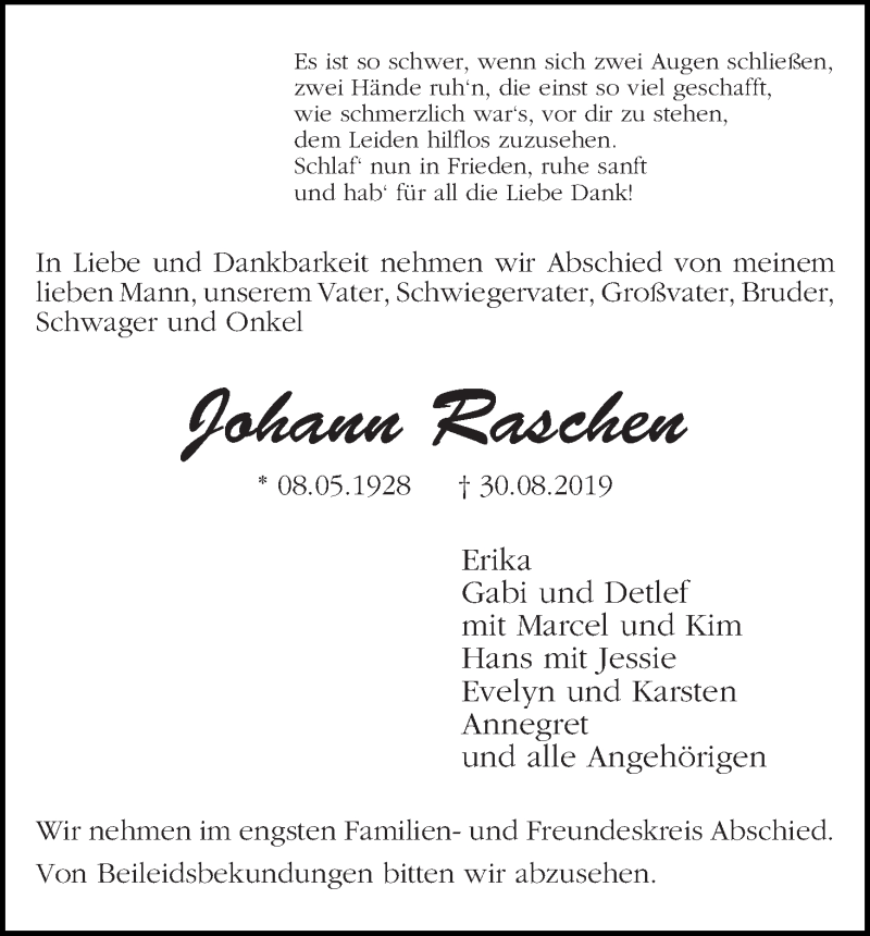 Traueranzeige von Johann Raschen von WESER-KURIER