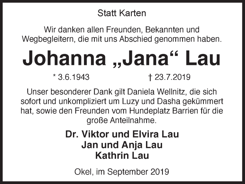 Traueranzeige von Johanna Lau von Regionale Rundschau/Syker Kurier