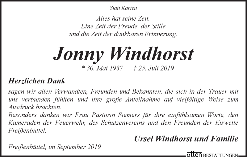 Traueranzeige von Jonny Windhorst von Osterholzer Kreisblatt